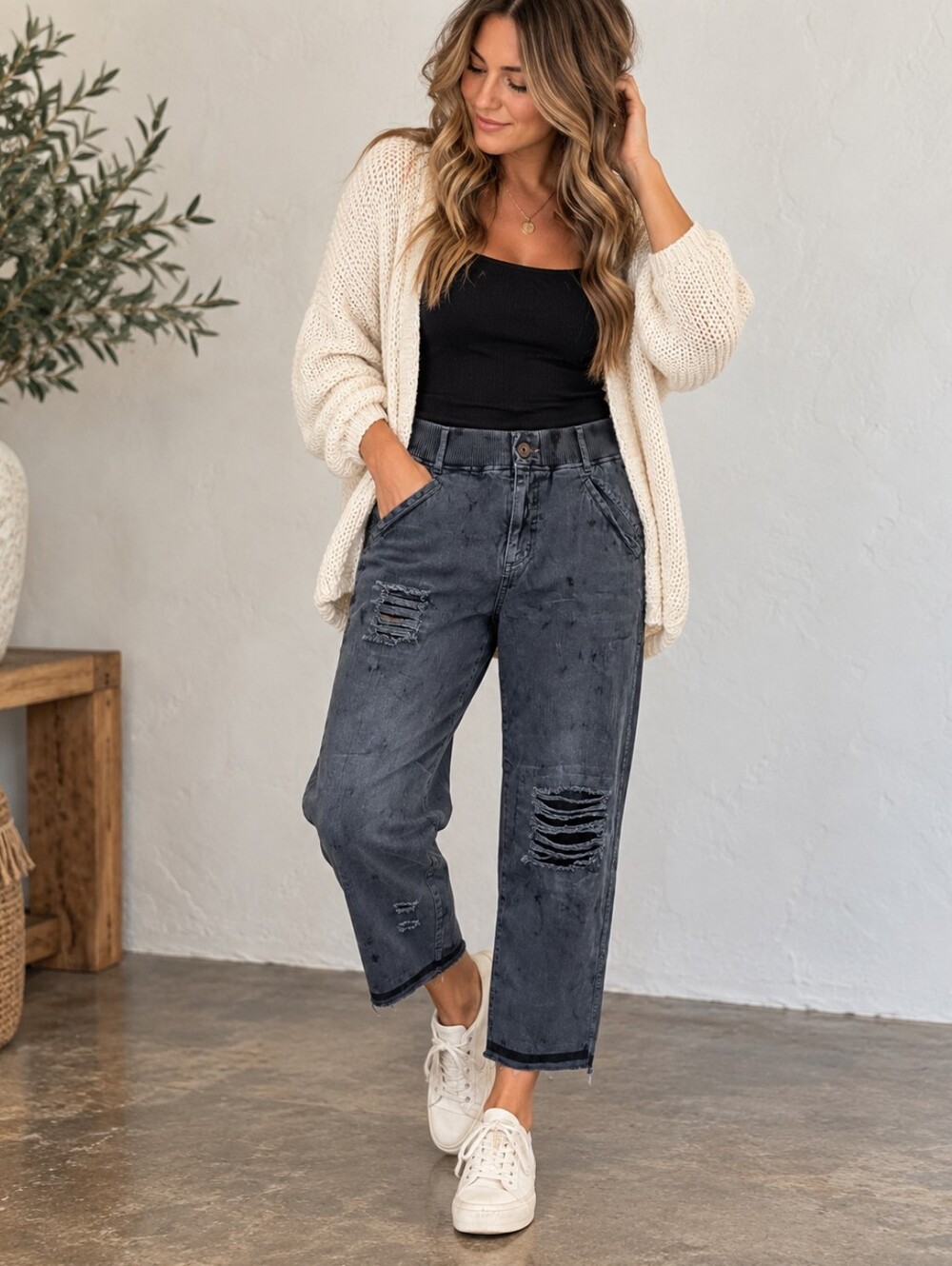 Free People Distressed Pants XS Blue Black Cropped Boyfriend